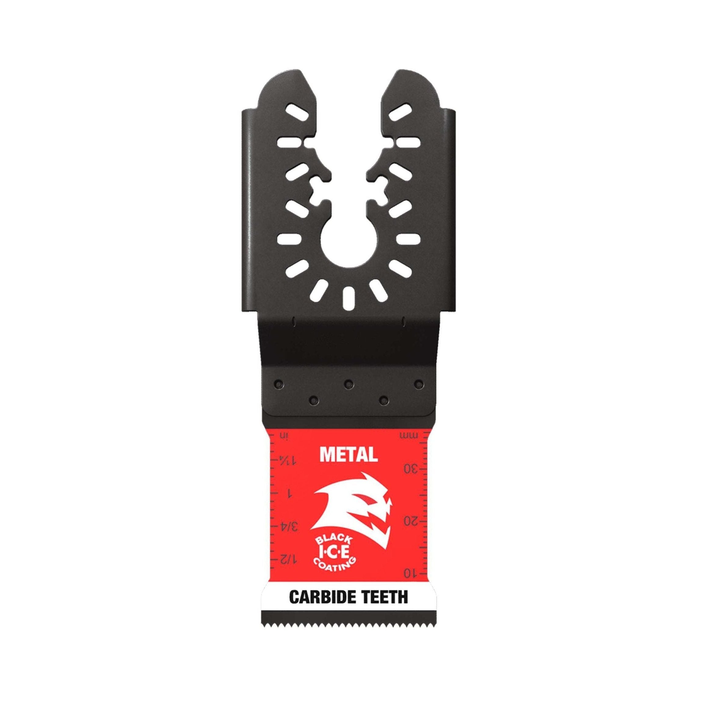The Diablo DOU125CF Steel Demon™ 1-1/4 in. Oscillating Blade has a red base and black top with metal carbide teeth for extreme durability, featuring a white dragon head logo, METAL, and BLACK ICE COATINGS. Its universally fit for cutting metal.